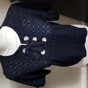 Zara Navy Eyelet Top with Bow Detail